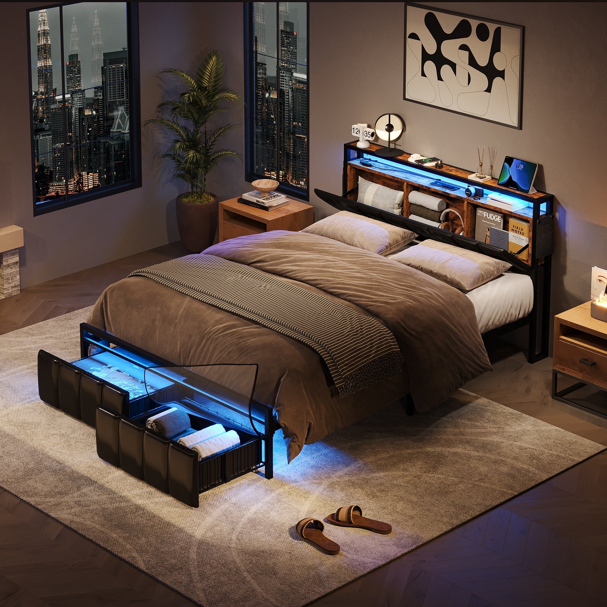Bed Frame Storage Platform Bed with Charging Station Headborad and LED Ligths