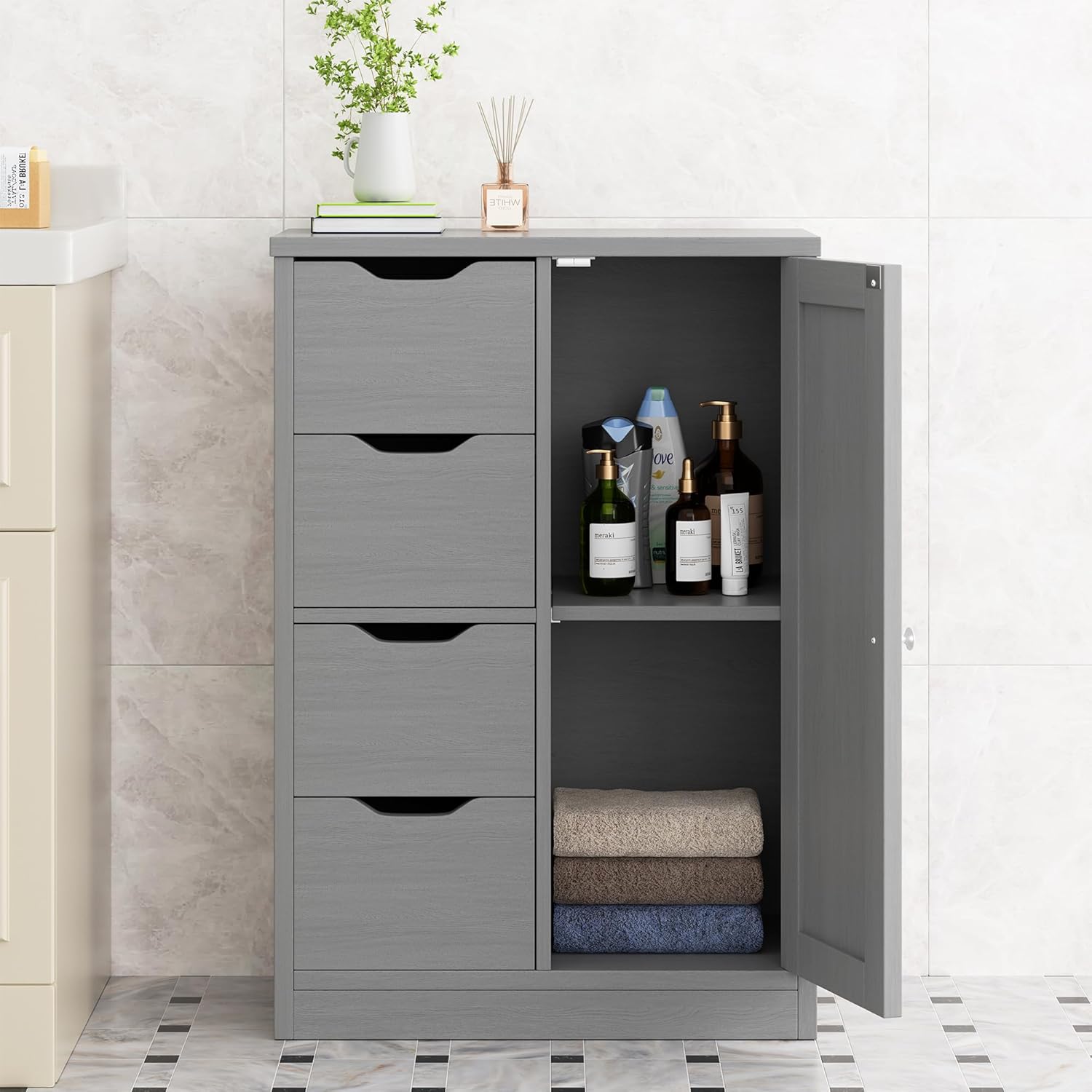 Walsunny Bathroom Floor Storage Cabinet, Wooden Storage Organizer with 4 Drawers and 1 Cupboard, Freestanding Entryway Storage Unit Console Table(Gray)