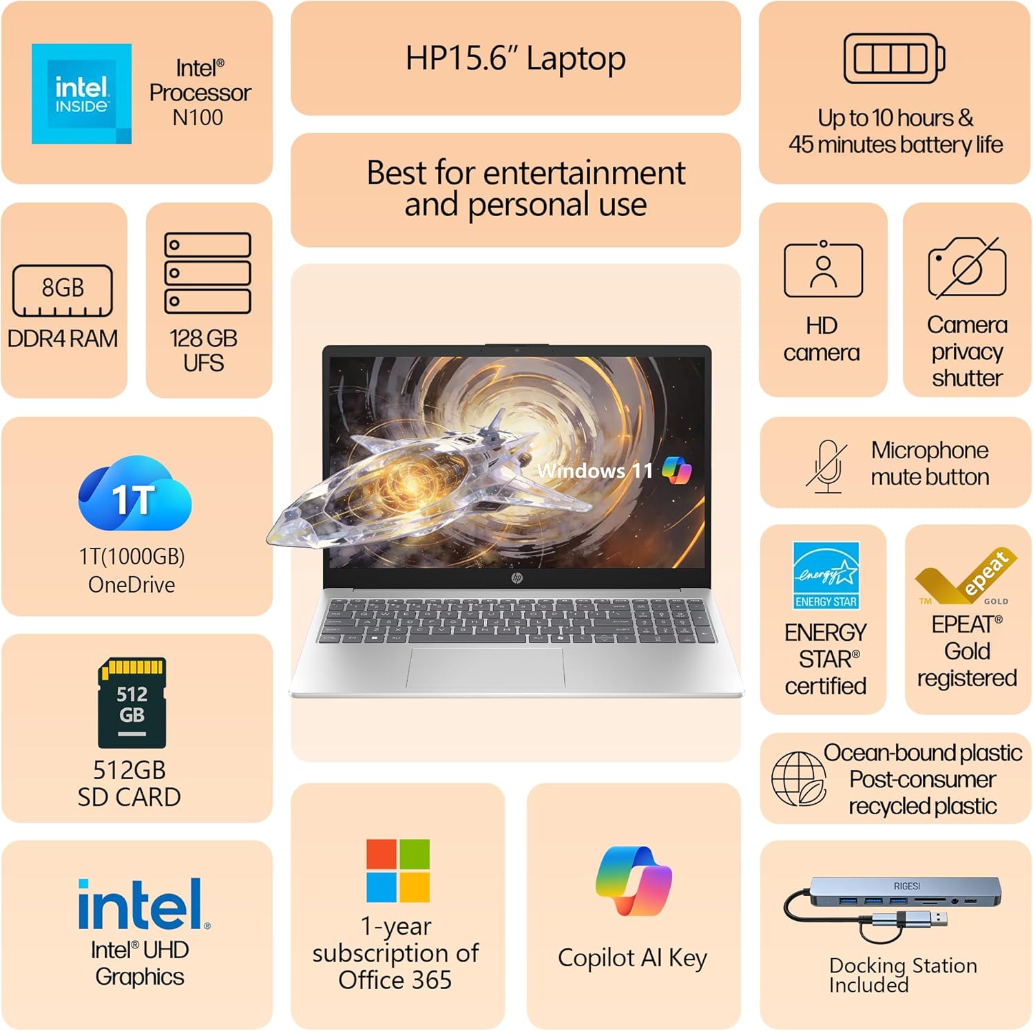 HP 15.6 Laptop – Complete Productivity Solution  Windows 11 with Microsoft Office  Intel 4 Core N100  8GB RAM  640GB Storage (128GB UFS + 512GB SD Card)  Copilot AI  Lightweight – Silver