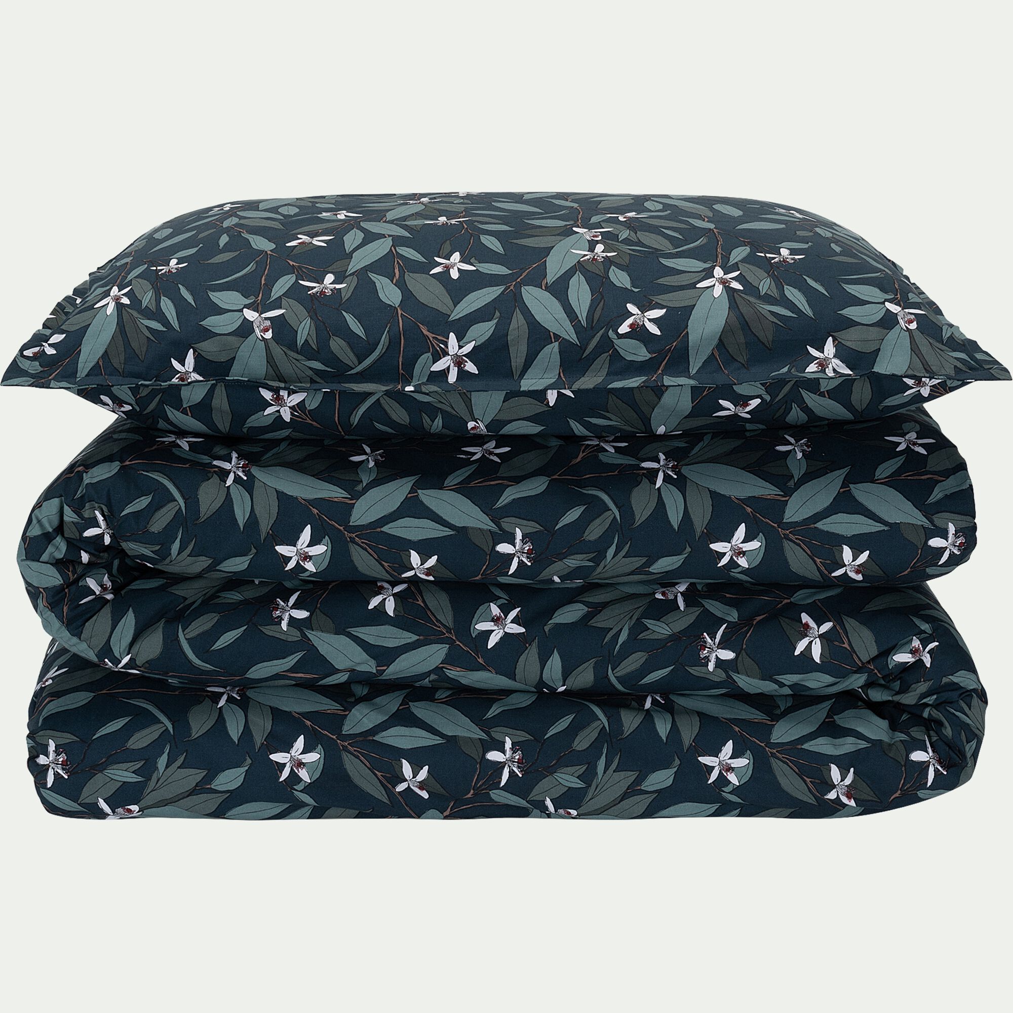 AZALEE - Lot de 2 taies d'oreiller fleurs d'oranger en percale de coton 63x63cm - bleu