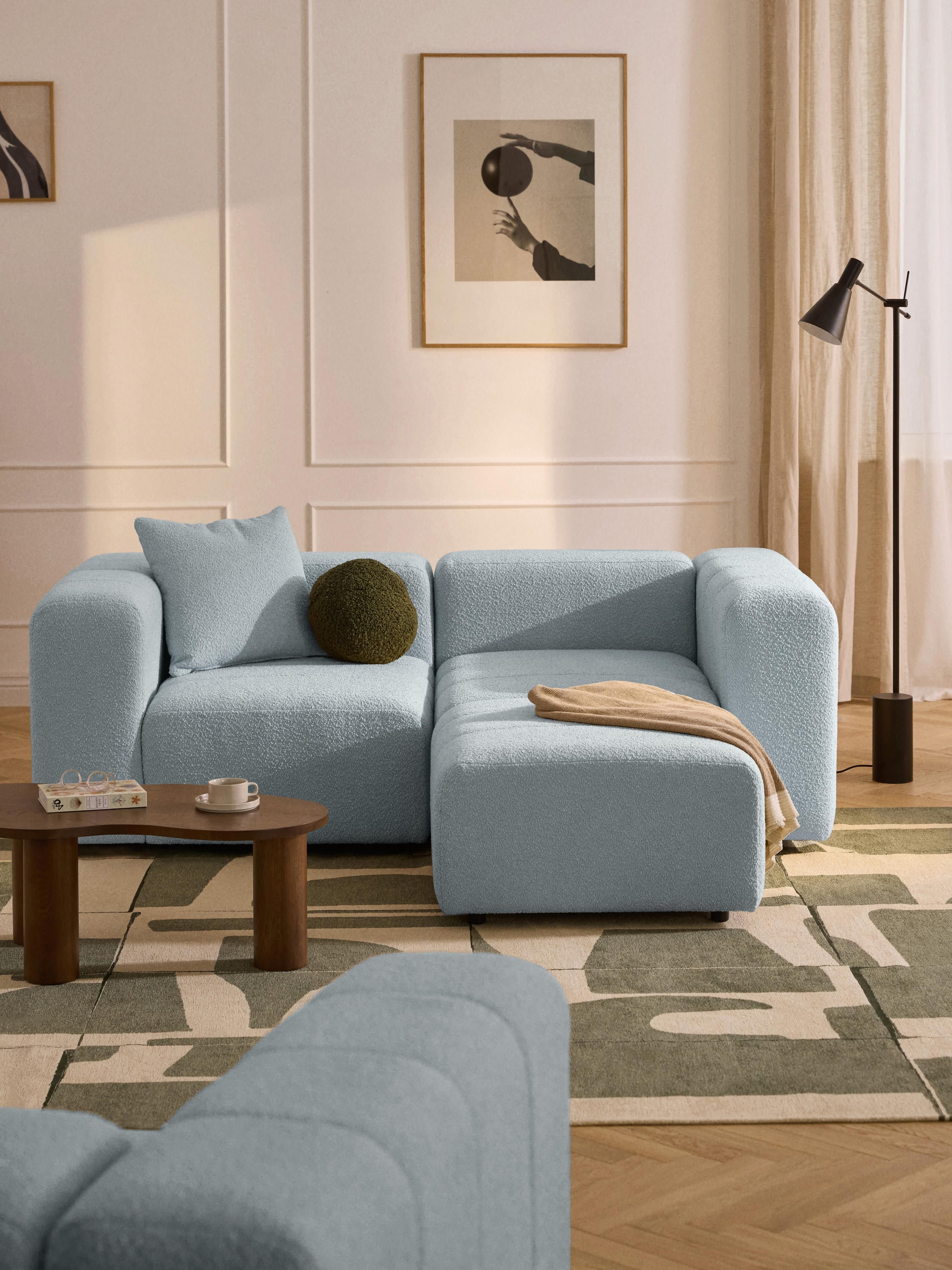 Modulares Bouclé-Sofa Lena (3-Sitzer) mit Hocker (links/rechts)