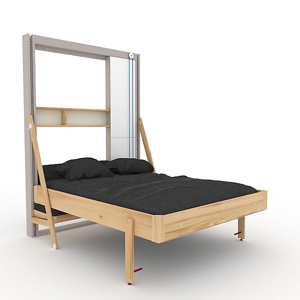Lit escamotable au plafond JUNO canapé étagère vertical 160x200 cm pin encadrement cachemire tissu anthracite MAFAEL