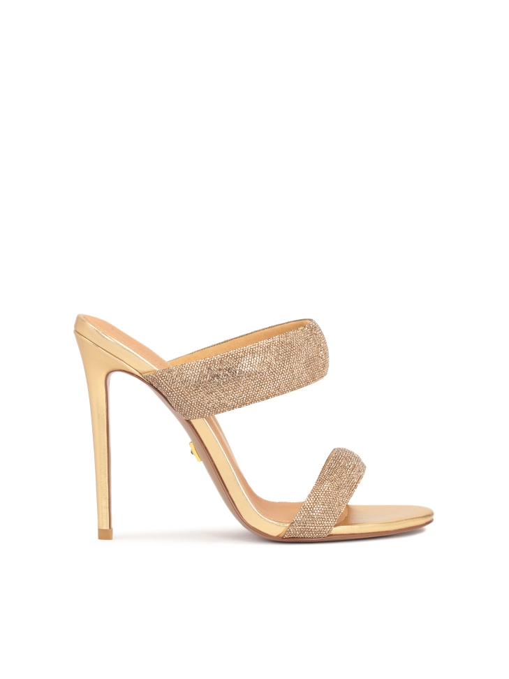 Heeled mules with soft glitter straps