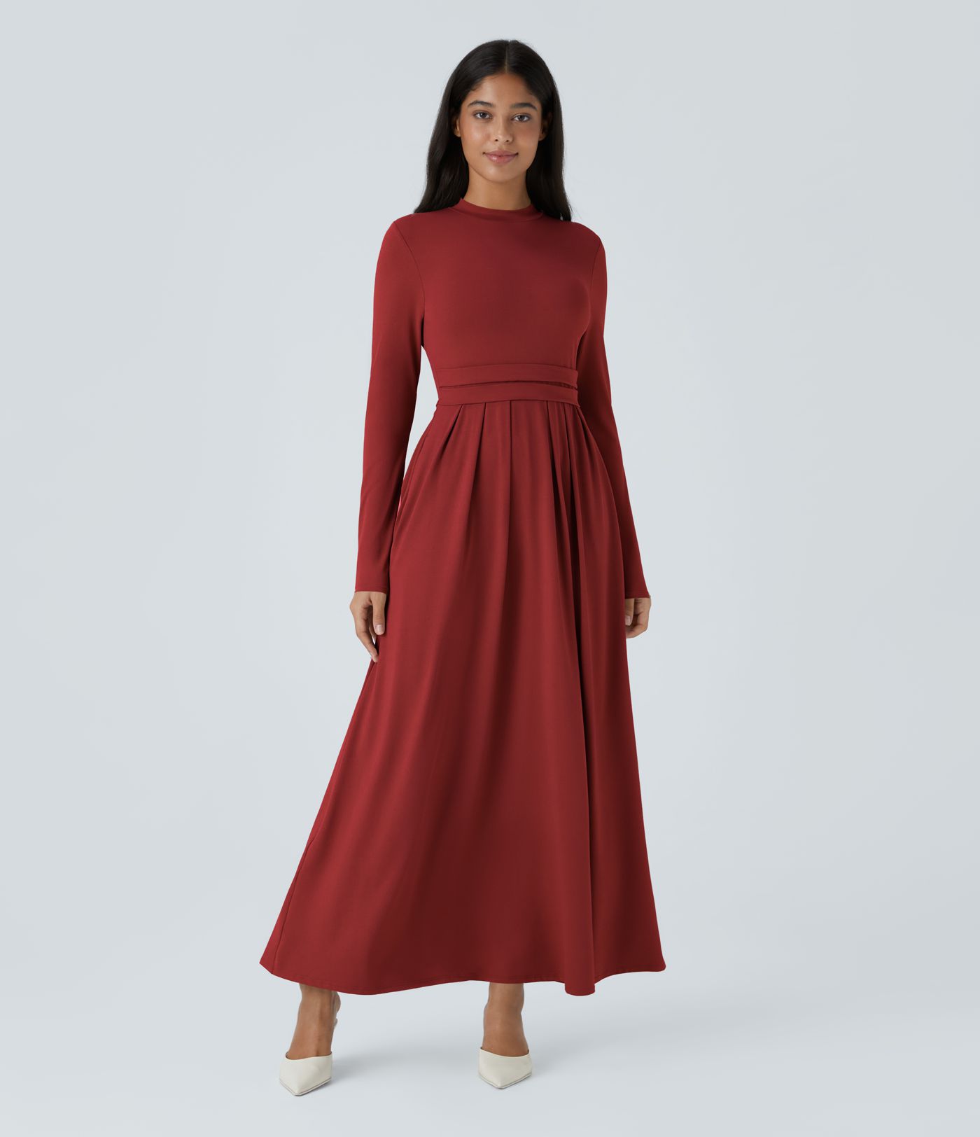Robe longue décontractée à col montant, manches longues, plissée, avec poches latérales et coupe évasée