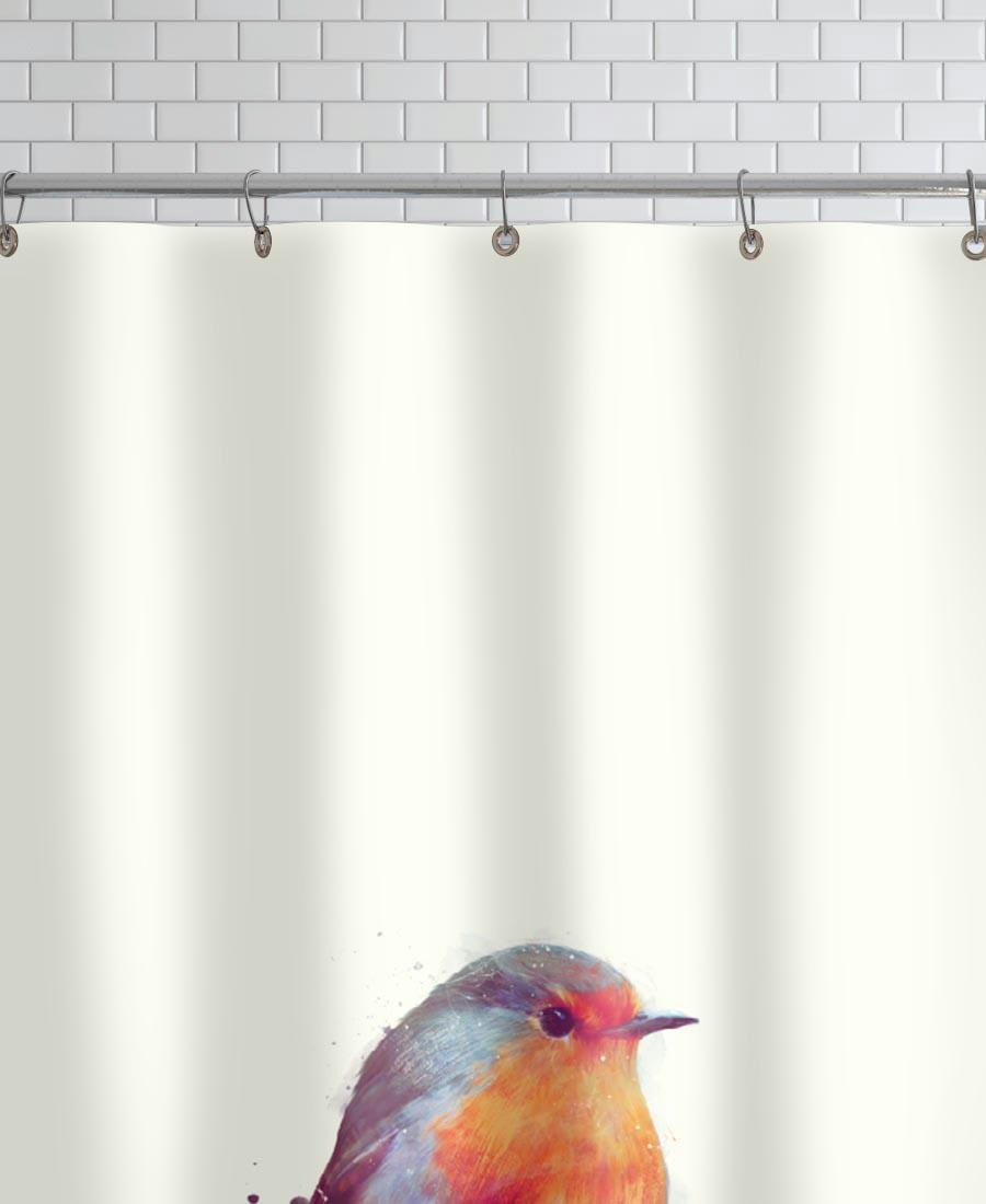 WINTER ROBIN - Rideau de douche en polyester en blanc ivoire & bleu 150x200