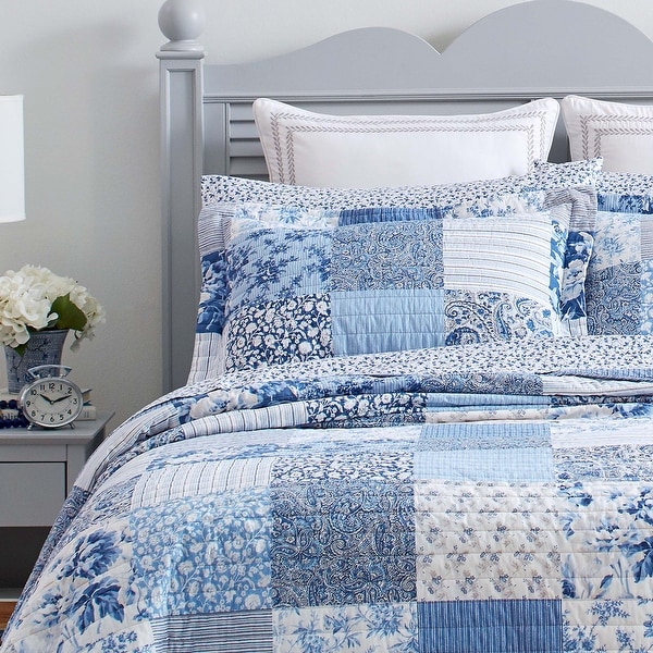 Laura Ashley Paisley Patchwork Cotton Reversible Blue Quilt Set