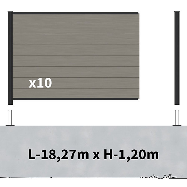 Kit Clôture Composite sur Muret RIO Platine 18x1,2m - Bois composite &Aluminium - Poteaux sur Platines Noir - Brise vue