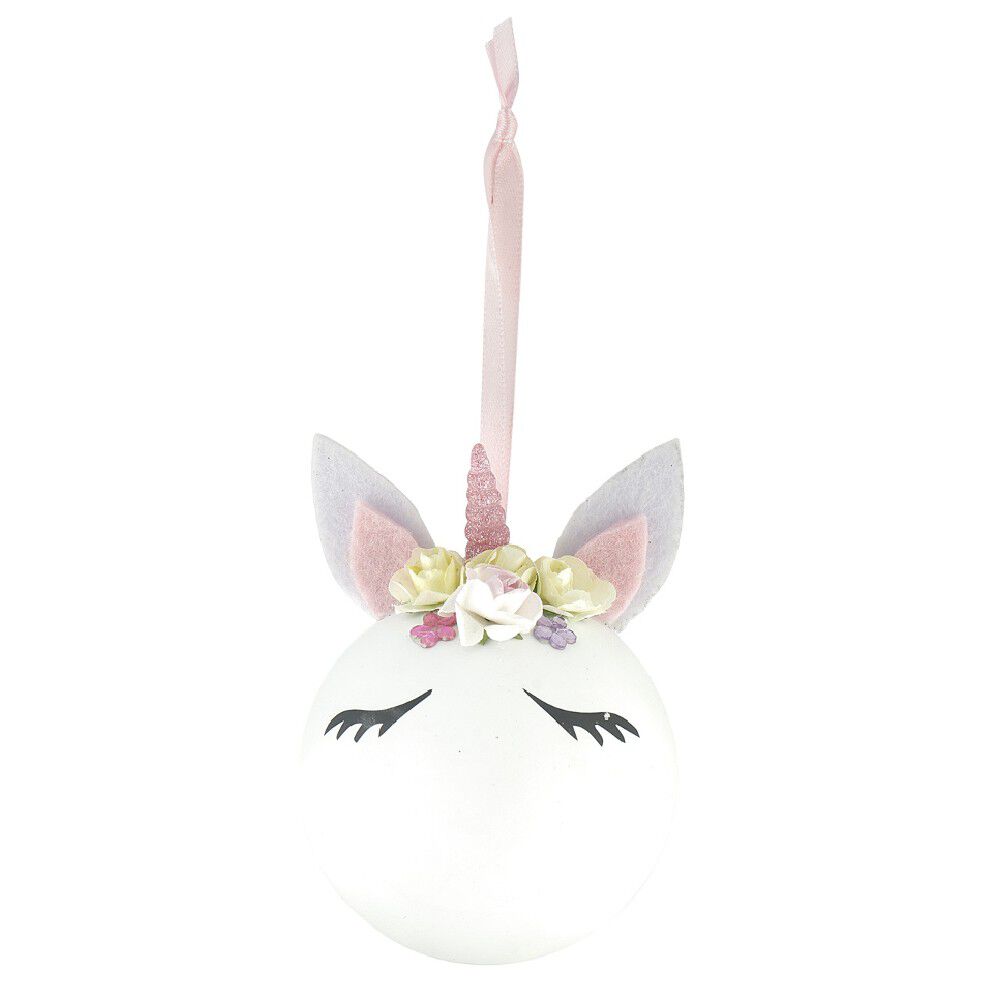 Boule de No&euml;l Licorne en mousse blanche et rose