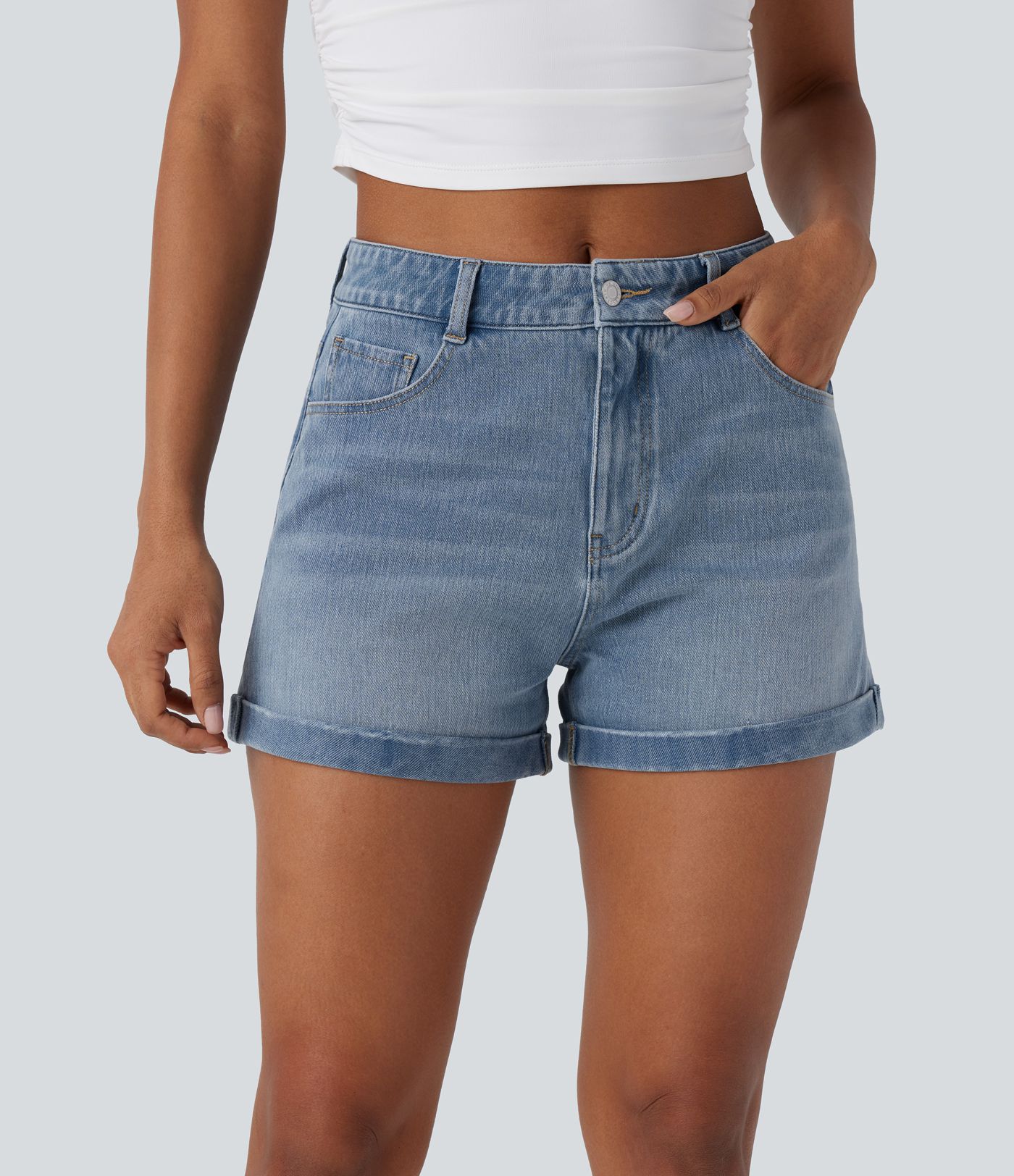 Short 7,5 cm décontracté en jean extensible Halara Flex™ taille moyenne avec boutons, zip et multiples poches