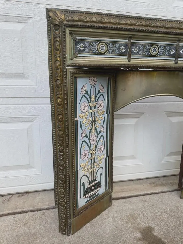 OBO or BEST OFFER Antique 19th C Architectural Victorian Era Art Nouveau Brass Bronze Tiled Fireplace Frame Cast Iron Fireplace Insert