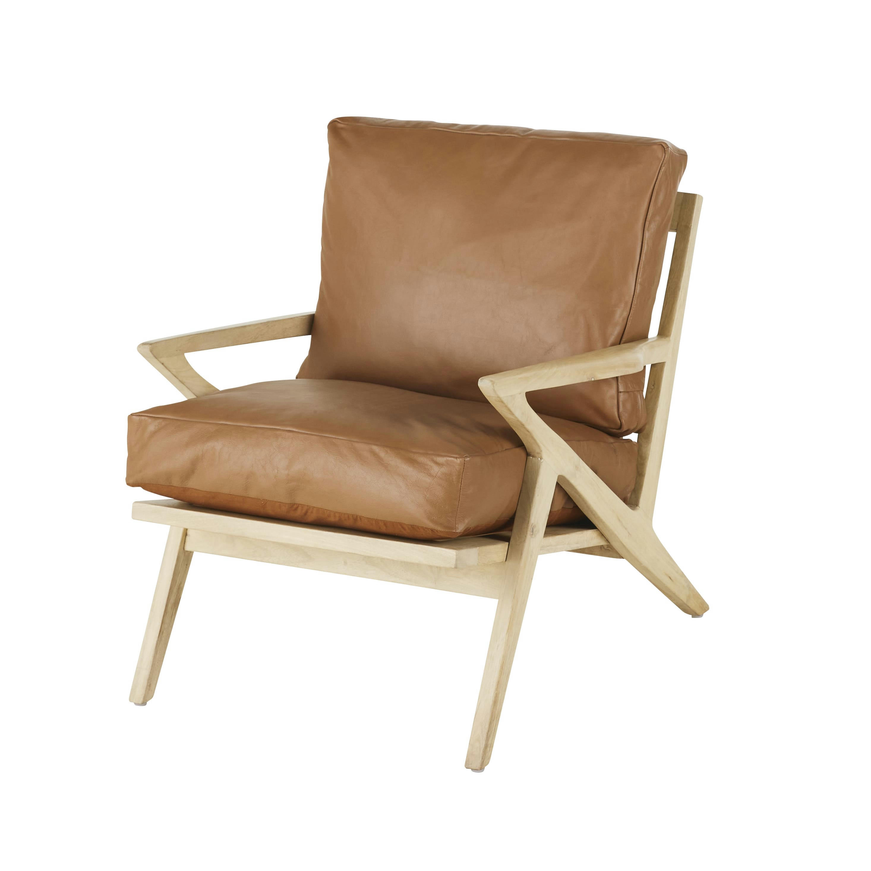 Indy - Fauteuil en cuir marron et bois de manguier