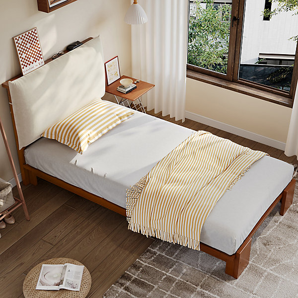 Lit simple 90x200cm - tête de lit rembourrée amovible - bois massif   éponge   contreplaqué - Brun (matelas non inclus)