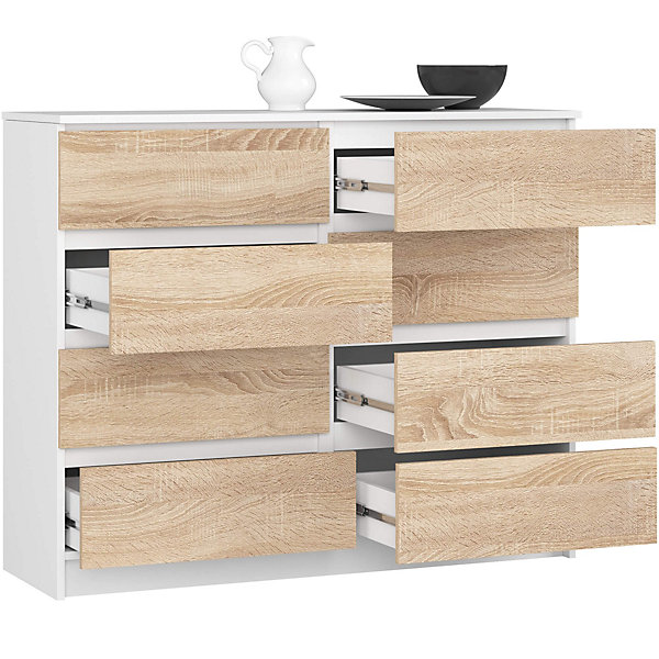 Commode AKORD K120 Blanche 120 cm 8 tiroirs façade Chêne Sonoma 120x40x99 cm