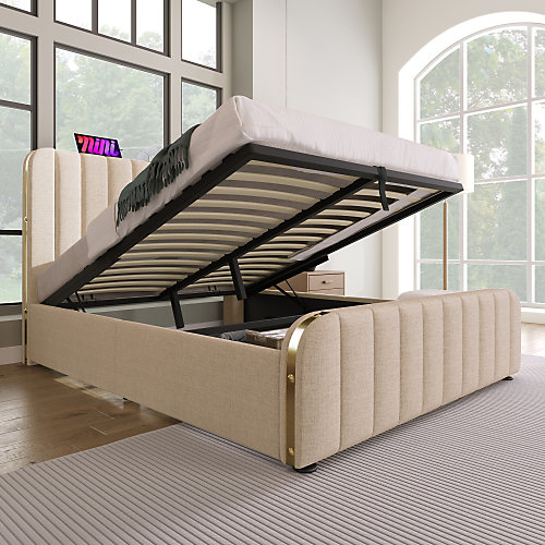 Lit coffre 140x200cm en tissu lin - avec recharge USB Type-C - décoré de bandes dorées - Beige