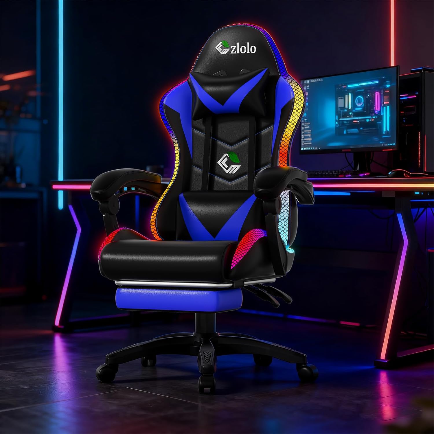 Czlolo Gaming Chair, RGB LED Lights Computer Chair with Footrest, Lumbar Support Massager Gamer Chair, High Back, 90-135° Reclining, Linkage Armrests, Blue