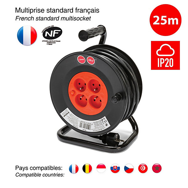 Enrouleur bricolage, 4 prises, 25 mètres, 3G1.5mm2, NF