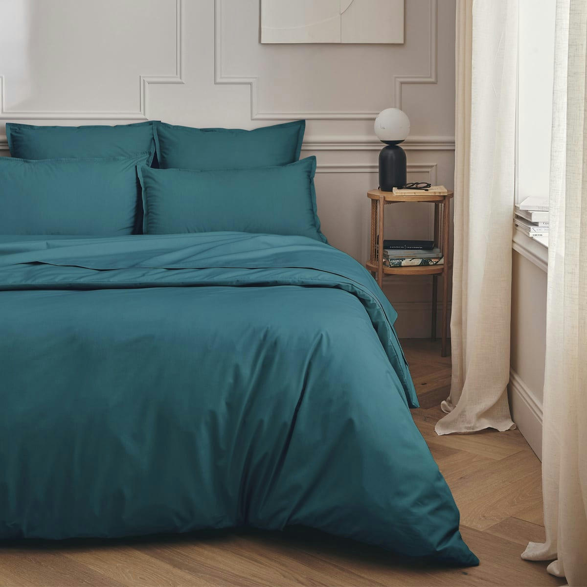 PREMIERE - Parure de lit en percale de coton bleu emeraude 240x220