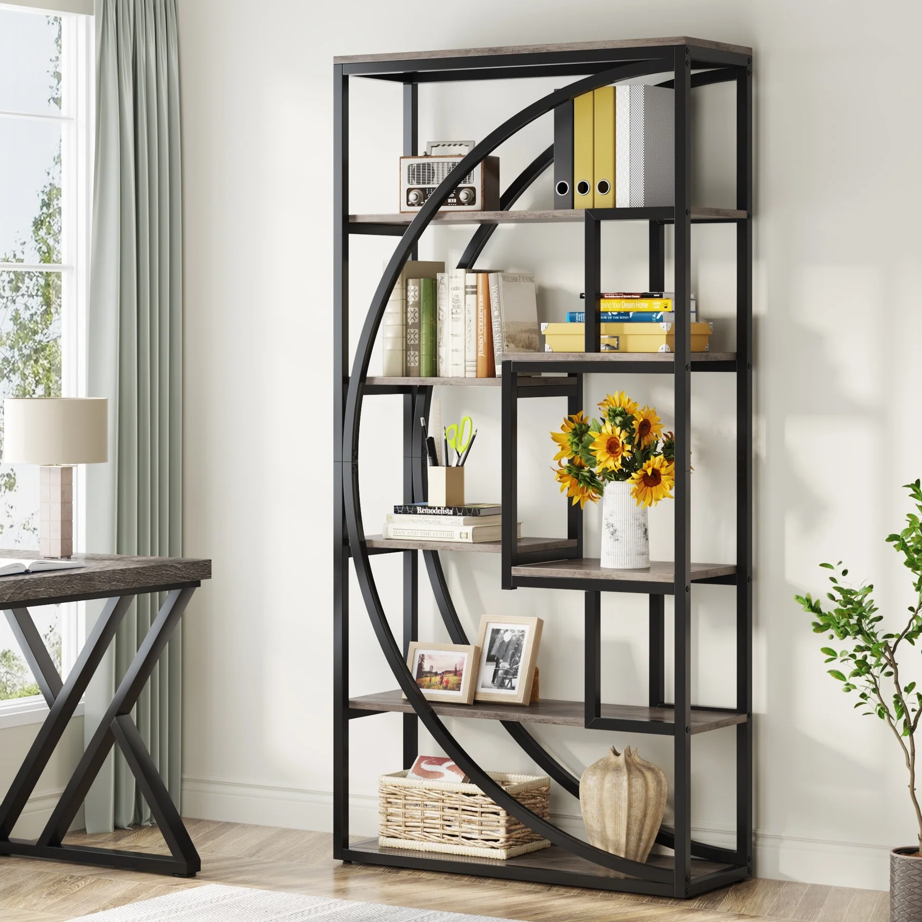 70.8 Tall Modern Geometric Bookshelf with 6-tier storage Shelf - 70.8H
