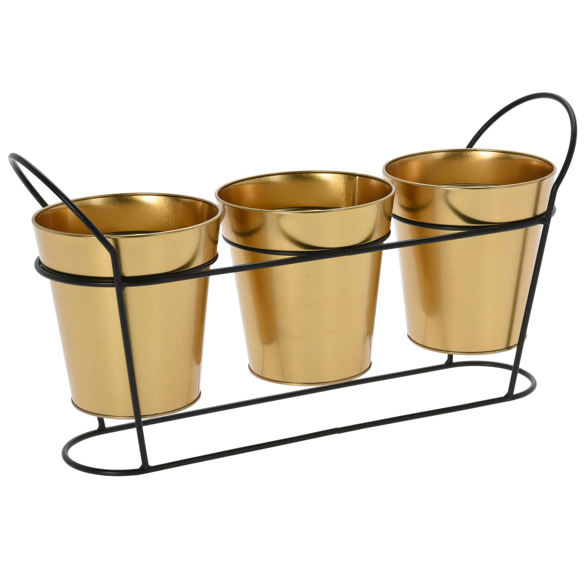 - Set de 3 pots plantes dorés avec support métal noir