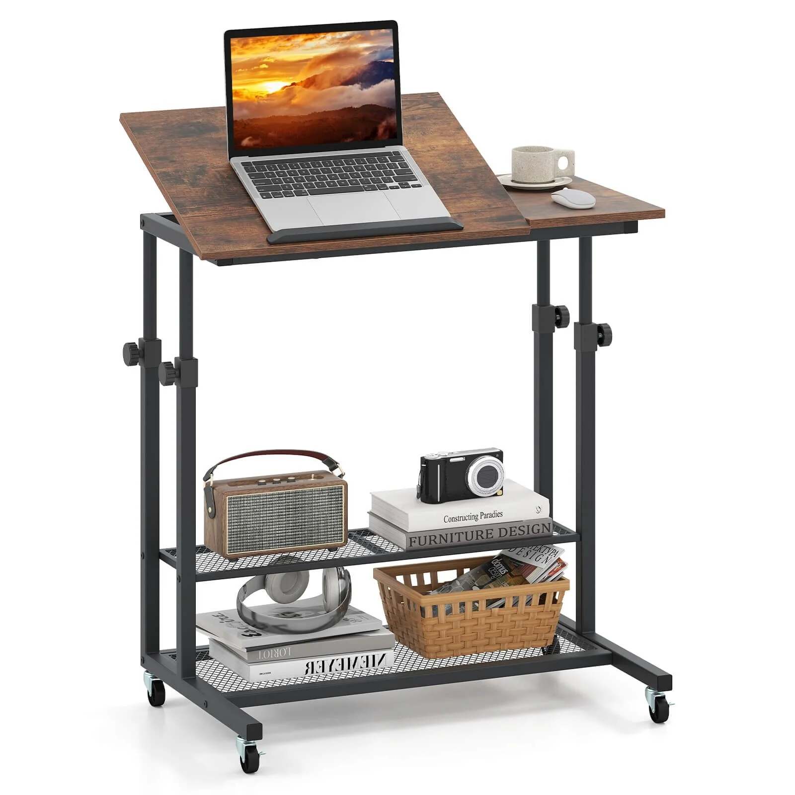 Costway Mobile Stand up Desk with Tilting Tabletop Storage Shelves - See Details