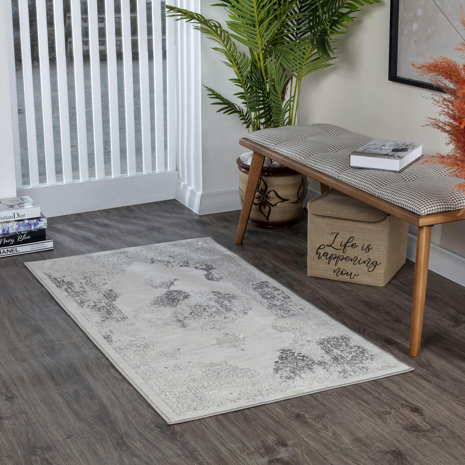 AZRA - Tapis de Couloir Vintage Oriental Blanc/Gris 80x150