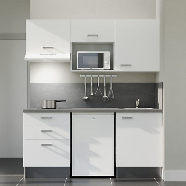 Kitchenette K20 - 180 cm - Façades : Blanc - Plan de travail : Gris - Crédences : Oui - Evier