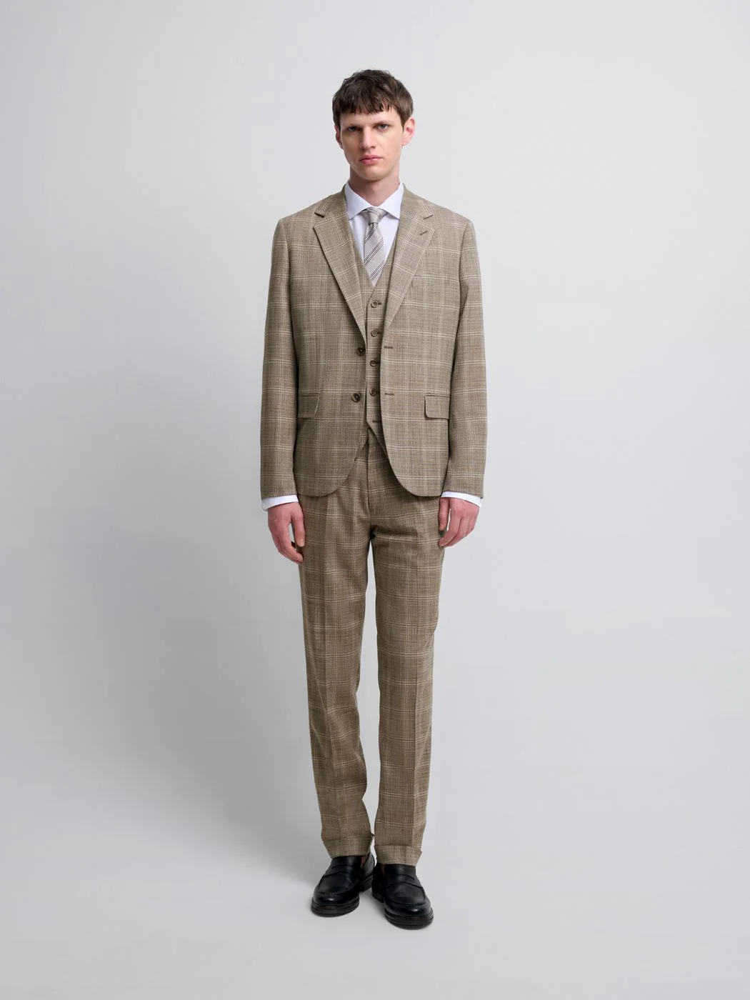 Costume 3 pièces slim beige à carreaux