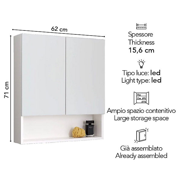 Miroir De Rangement Blanc À Deux Portes Avec Compartiment Inférieur Ouvert