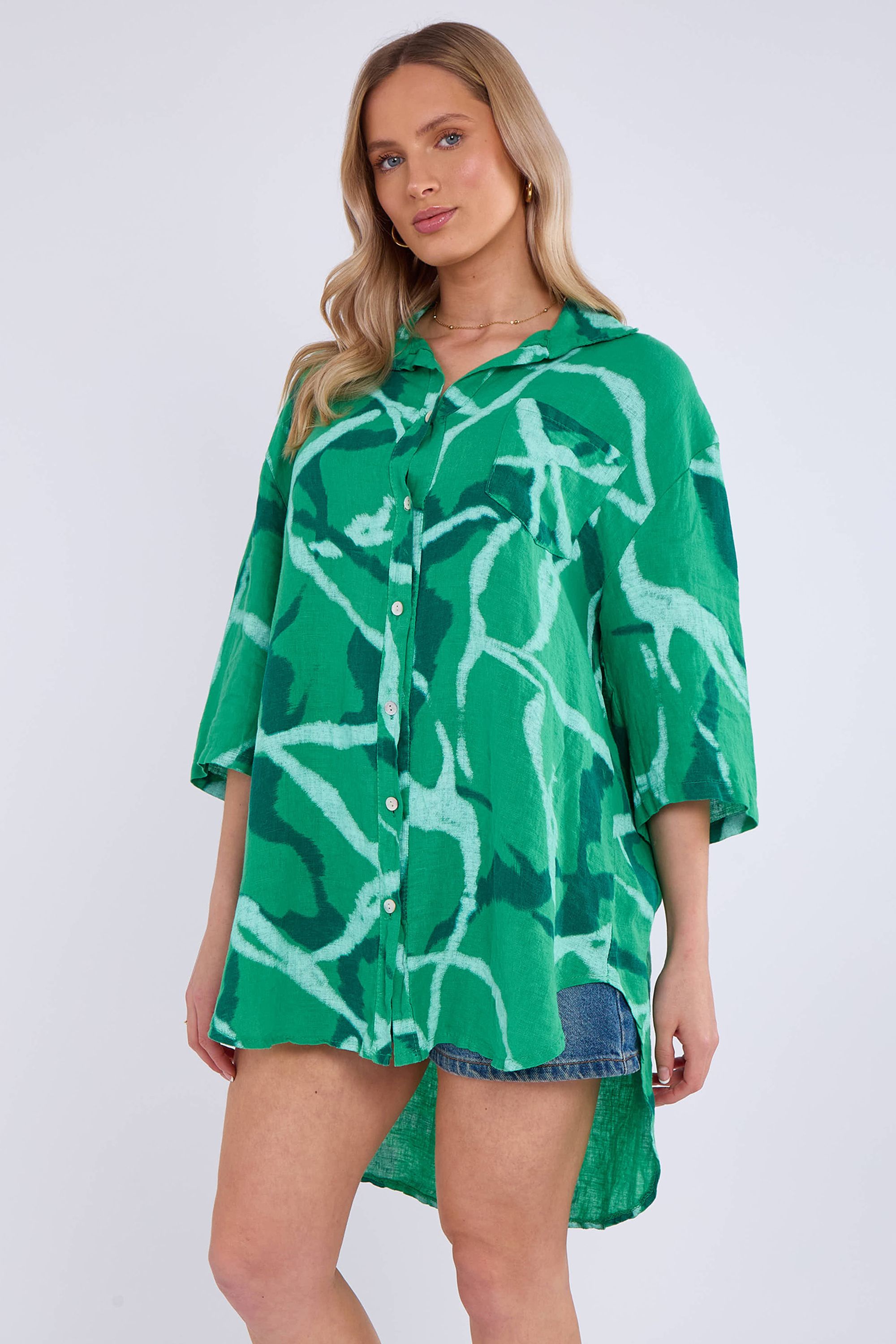 Gini London Green Linen Abstract Print Mini Shirt Dress