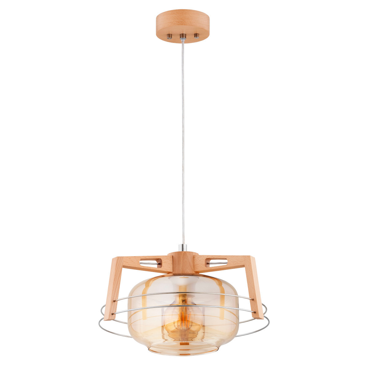 Lampa wisząca ISKAR jasne drewno-bursztynowy-chromowana 1xE27x15W Alfa