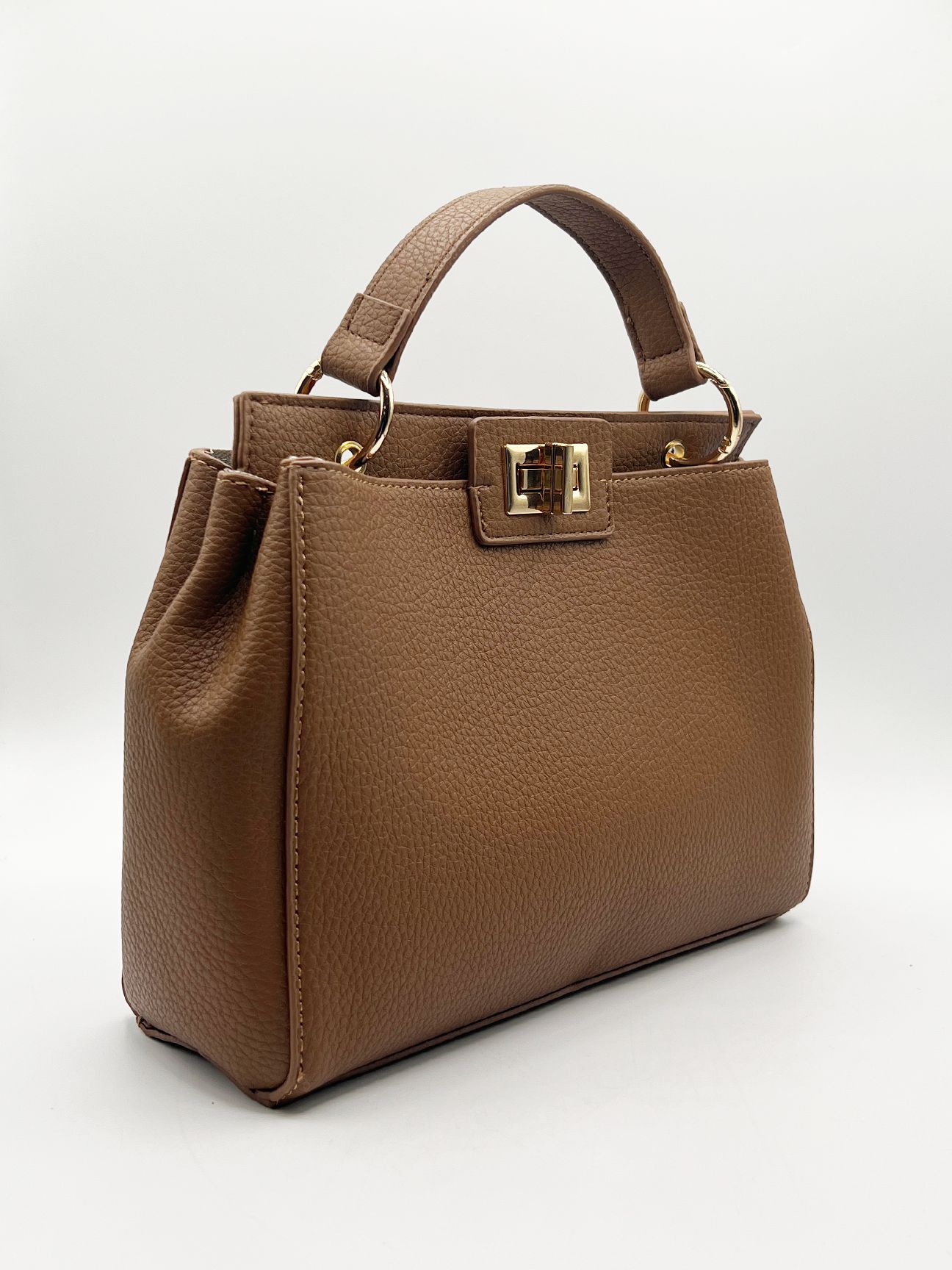 SVNX Brown Faux Leather Handbag With Gold Trim