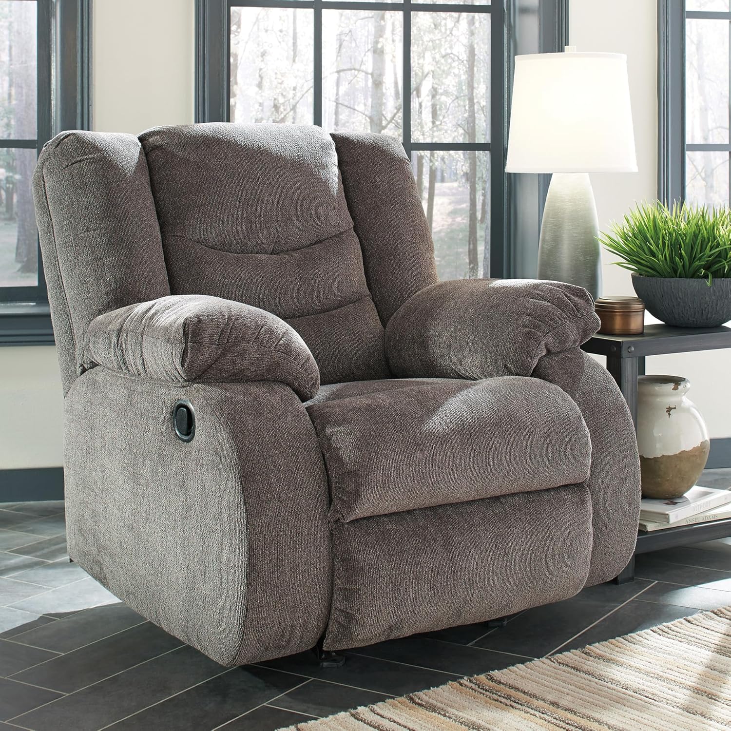 Signature Design by Ashley Tulen Contemporary Rocker Recliner, Gentle Rocking Motion, Pull Tab Reclining, Fabric Upholstery, 39 W x 40 D x 40 H, Dark Gray