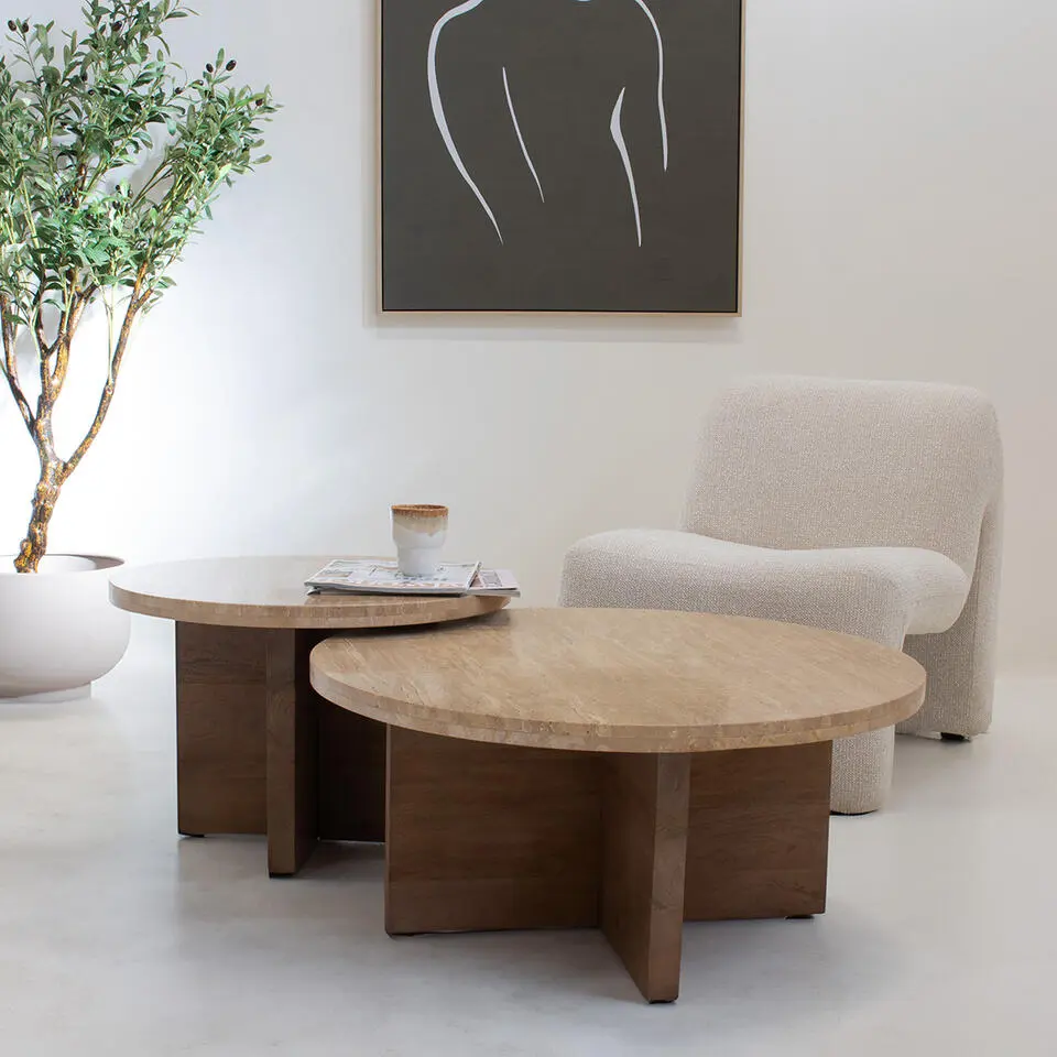 Salontafel Set Travertin Naturel - Rond - 80x80x36cm - Leno