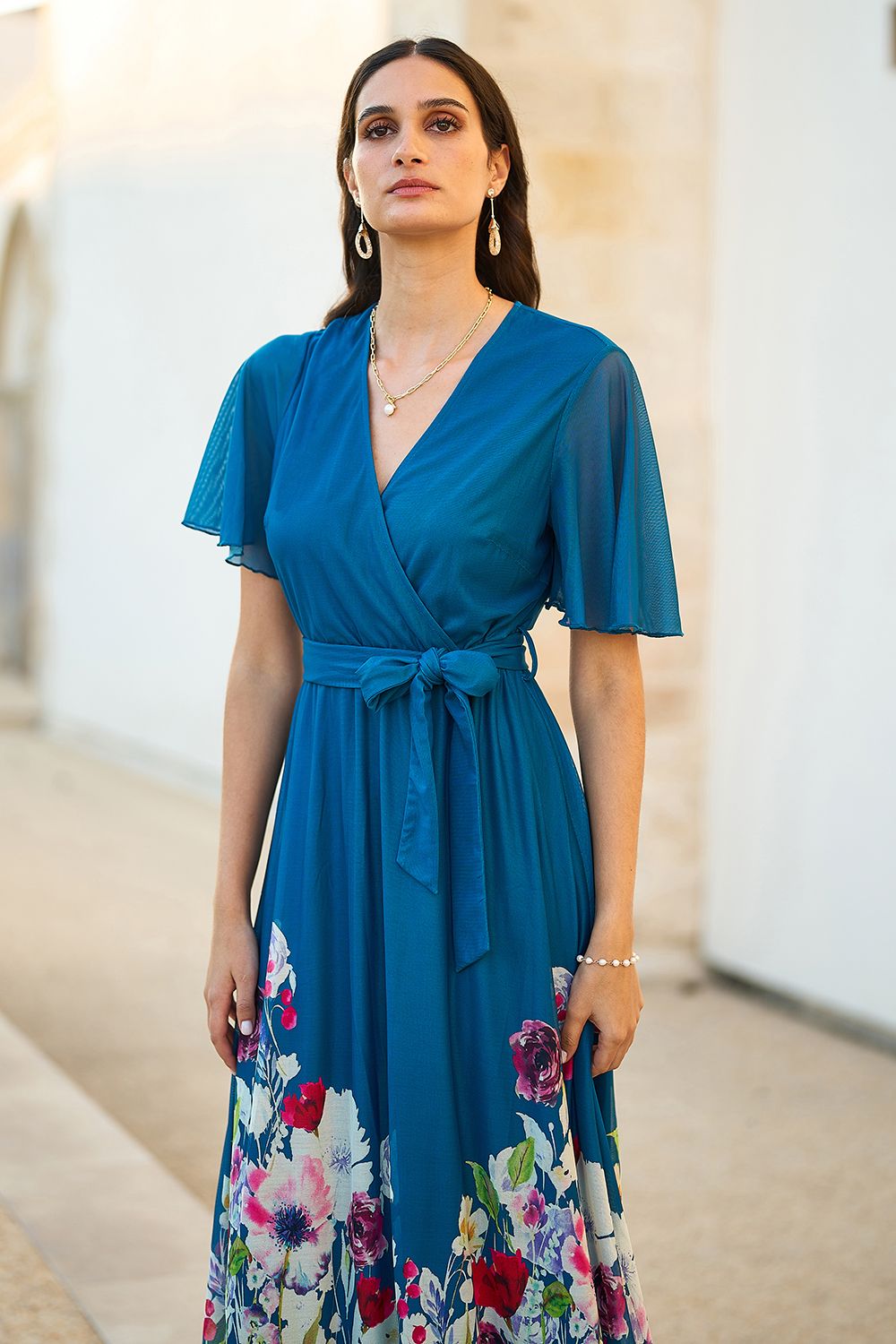 Yumi Yumi Teal Mesh Wrap Midi Dress With Floral Hem Border