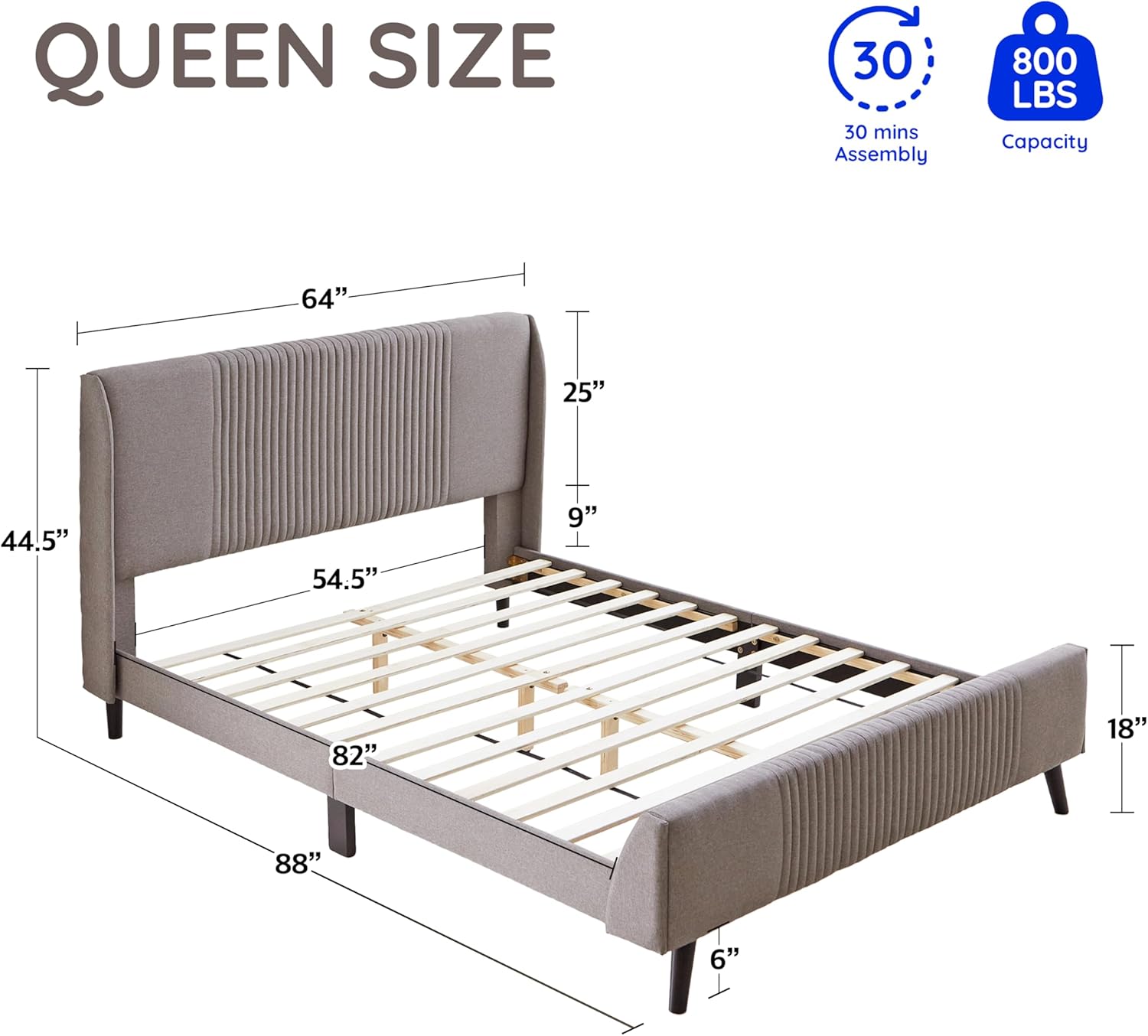 Livinia Sunset Queen Size Wingback Platform Bed, Fabric Upholstered Queen Bed Frame with Vertical Channel Tufted Headboard Footboard, Strong Wood Slats, No Box Spring Needed, Gray (Queen)