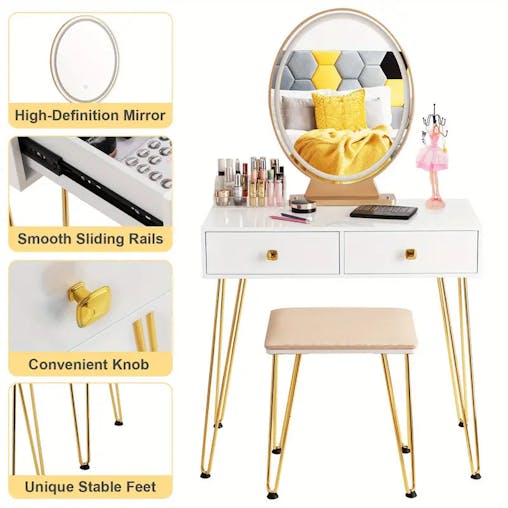 NNETM Elegant White Dressing Table Stool Set with LED Oval Mirror