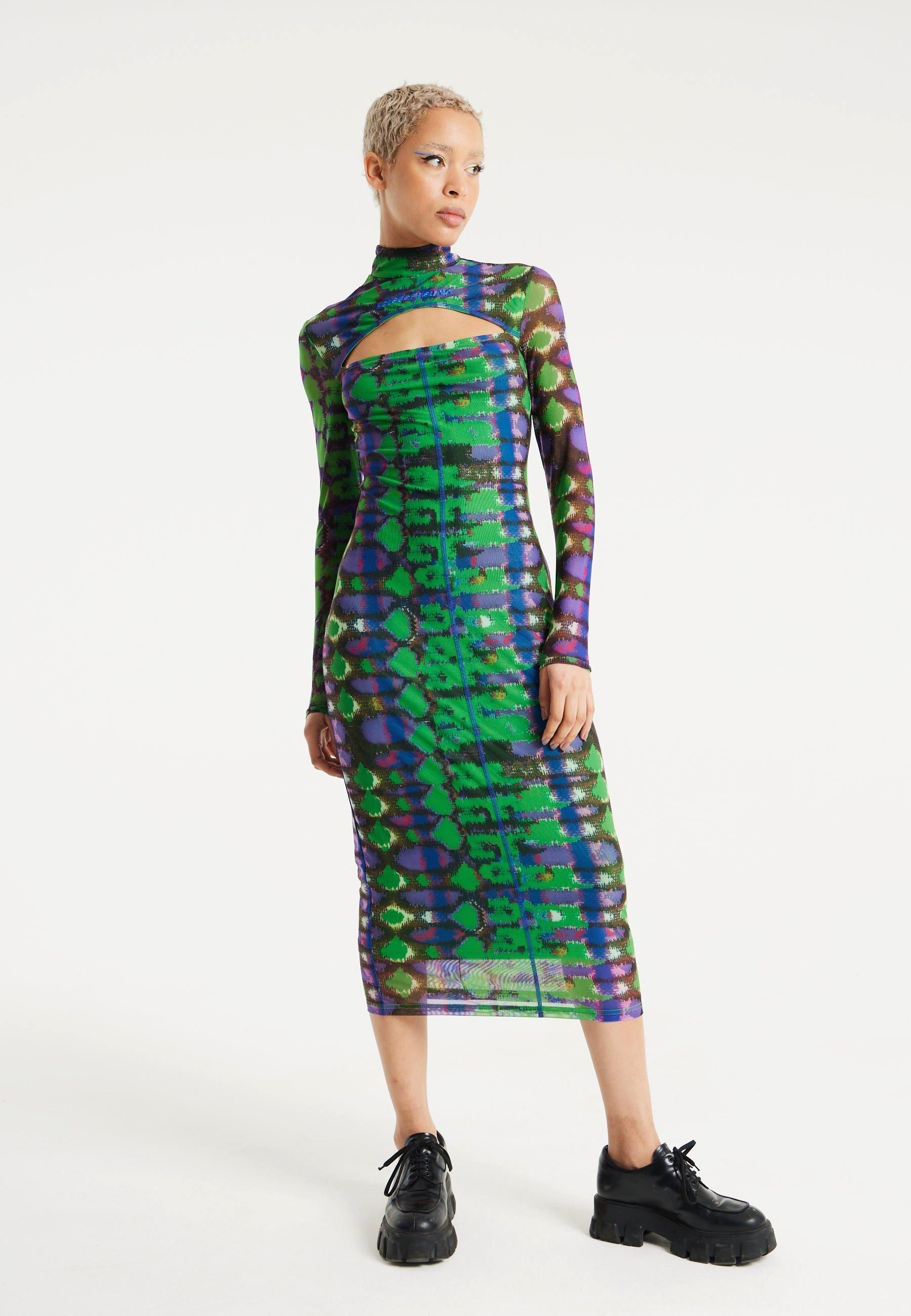 House of Holland Abstract Snake Print Midi Dress With Front Cut Out Detail