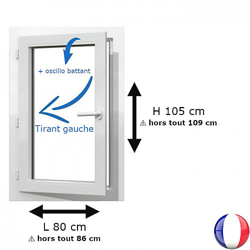 Fenêtre PVC 1 vantail H 105 x L 80 cm OB pour pose en neuf avec poignée - tirant gauche