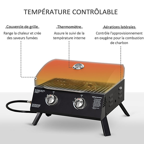 Barbecue gaz de table pieds pliables - 2 brûleurs 5 kW - grille de cuisson, réceptacle graisse, thermomètre - acier noir