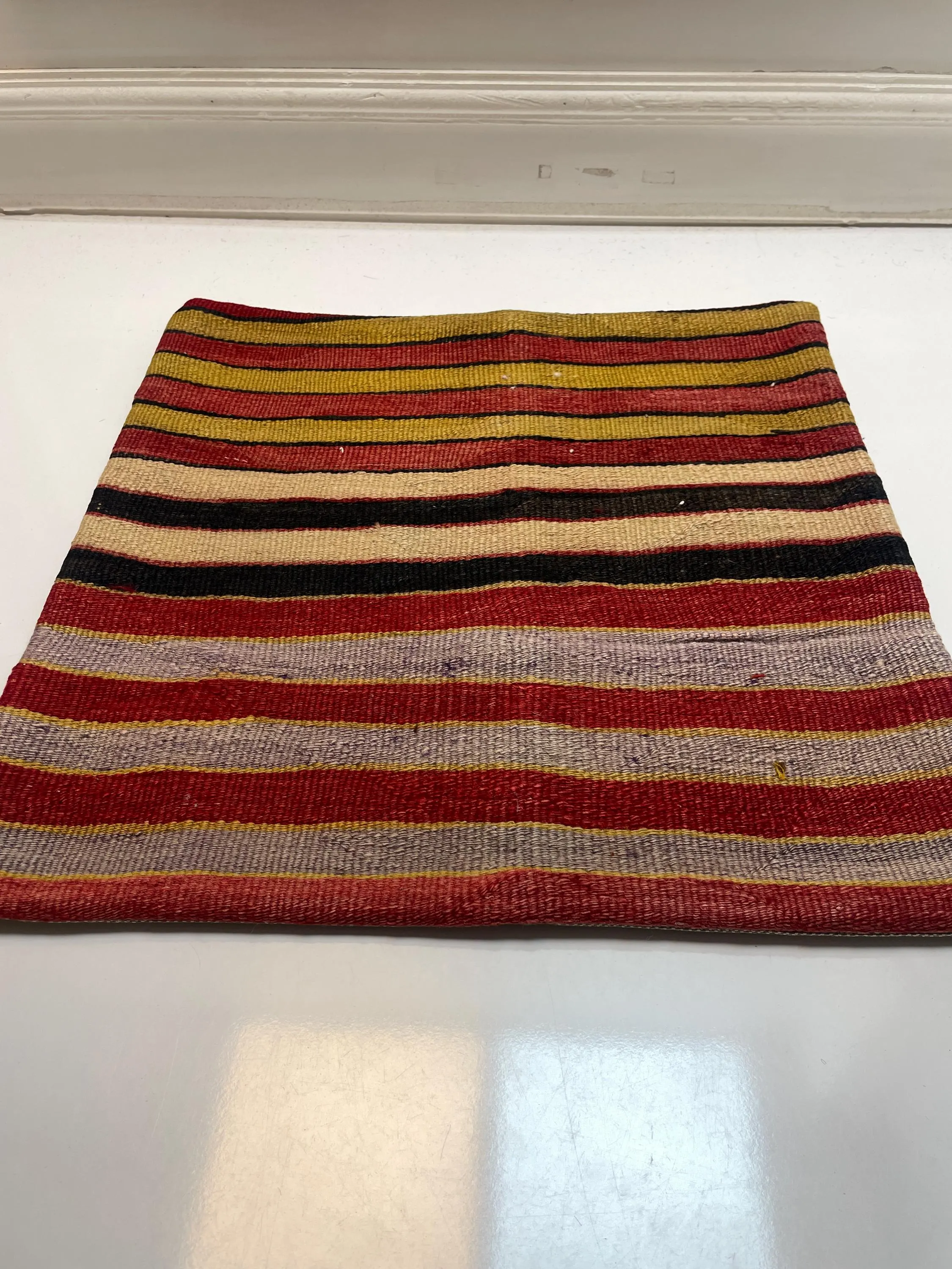 Vintage Turkish Kilim Pillow Cover, Red and Mustard Striped Cushion, Handwoven Boho Throw Pillow