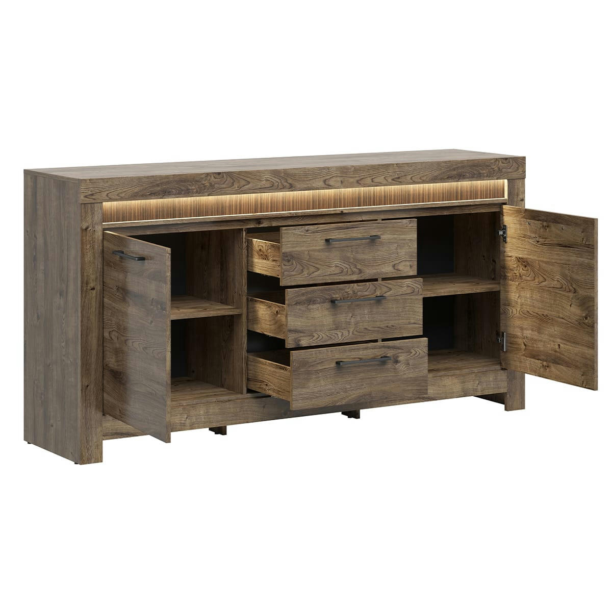 - Buffet 2 portes 3 tiroirs LED inclus stratifiés naturel