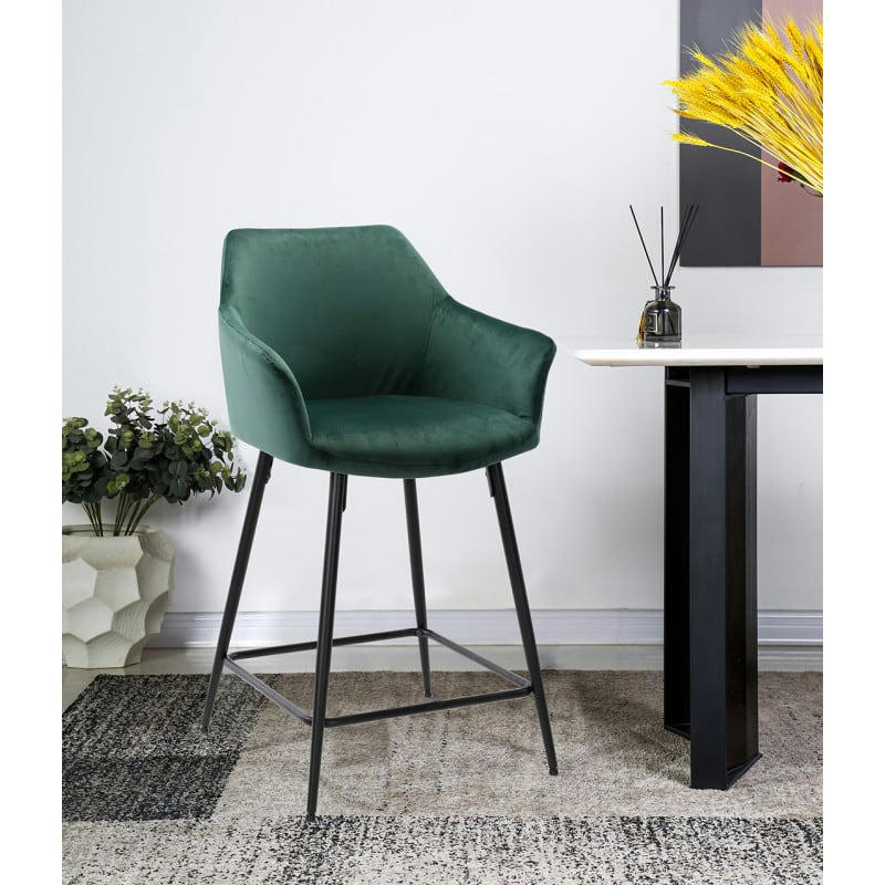 CHIC - Chaise haute de bar en velours vert et piétement métal noir