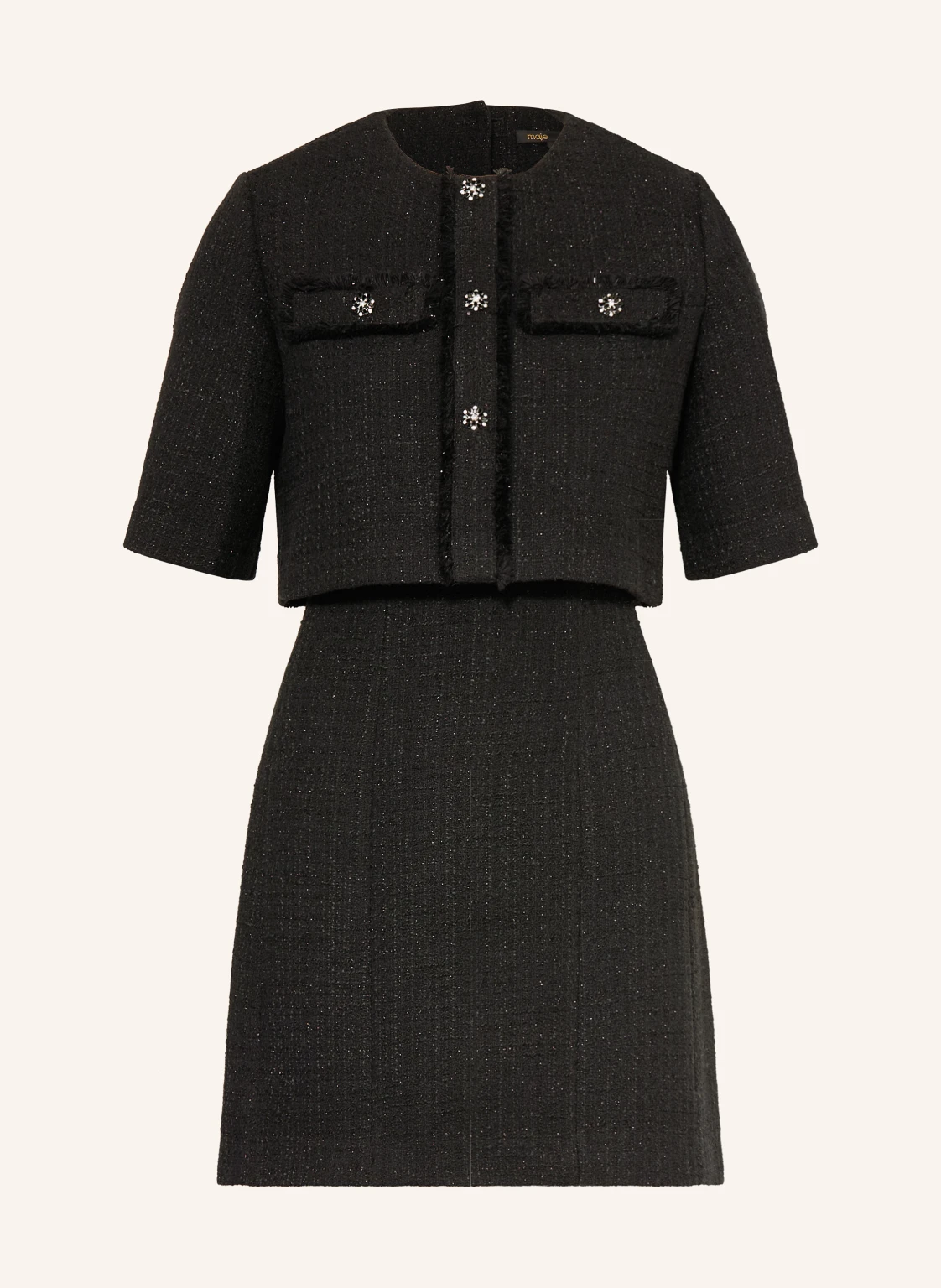 maje Set: Tweed-Kleid und Tweed-Jacke mit Glitzergarn und Schmucksteinen