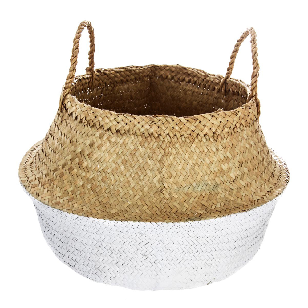 Cesto decorativo seagrass natural e base branca com pegas