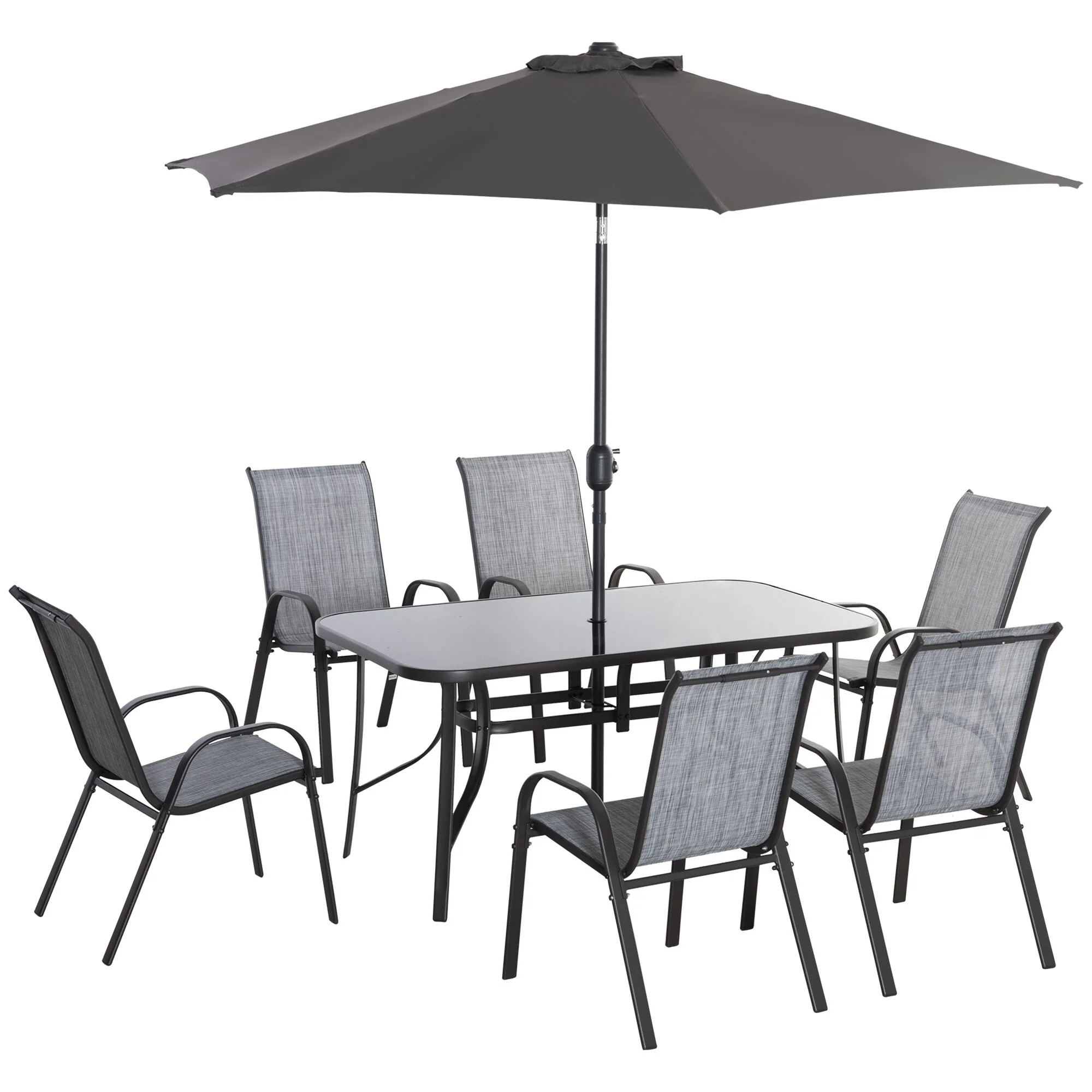 Outsunny 8 Piece Patio Dining Set with 8Ft Patio Table Umbrella with Push Button Tilt and Crank, 6 Chairs and Dining Table