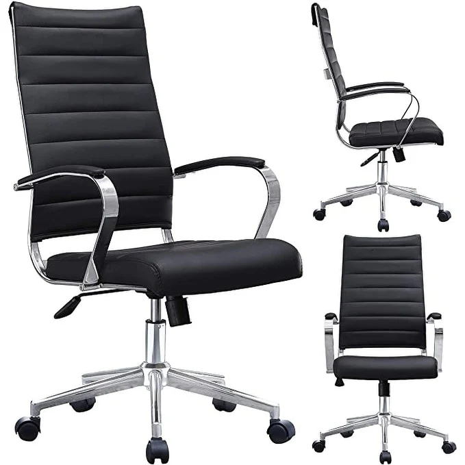 Modern High Back Office Chair Ribbed PU Leather Swivel Tilt Conference Room Computer Desk Cushion Seat Boss