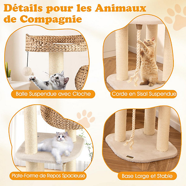 Arbre a Chat 104 CM en Tige de Massette,4 Niveaux,avec Plateformes,Niche,Coussin Souple,Boule et Corde Suspendues,Blanc