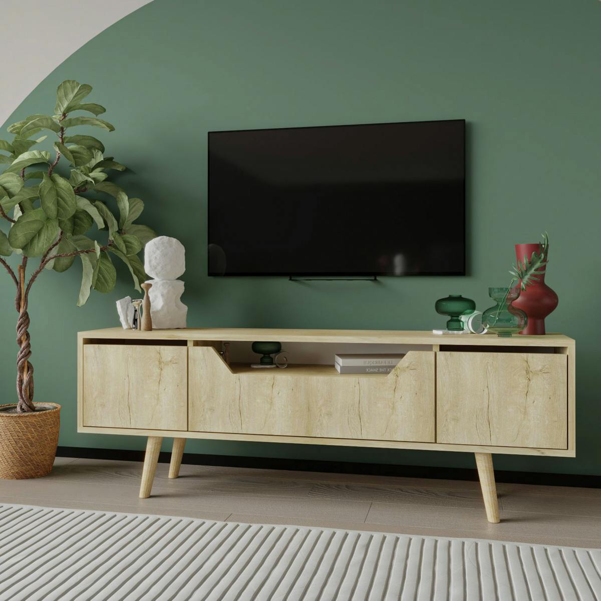 Meuble TV moderne 3 portes effet bois clair 150 cm MARFA