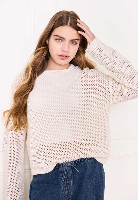 Older Girls White Open Stitch Knit Jumper