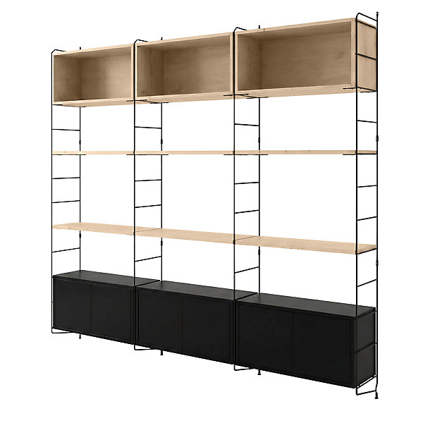 étagère murale modulable avec 6 portes, 3 étagères murales, 6 tablettes et 4 échelles noir et pin massif GoodHome Rigga H. 171,2 x L. 180 x P. 29 cm